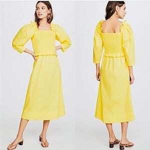 NWT Sea NY Women's Tabitha Smocked Midi Dress size 6 Lemon Yellow Square Neck